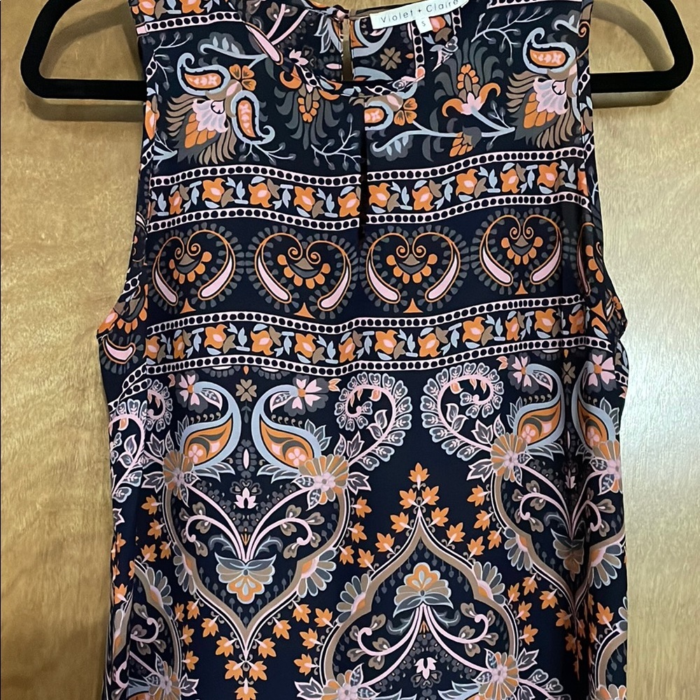 Violet & Claire Sleeveless Blue and Orange and Pink Blouse with Mandarin Collar